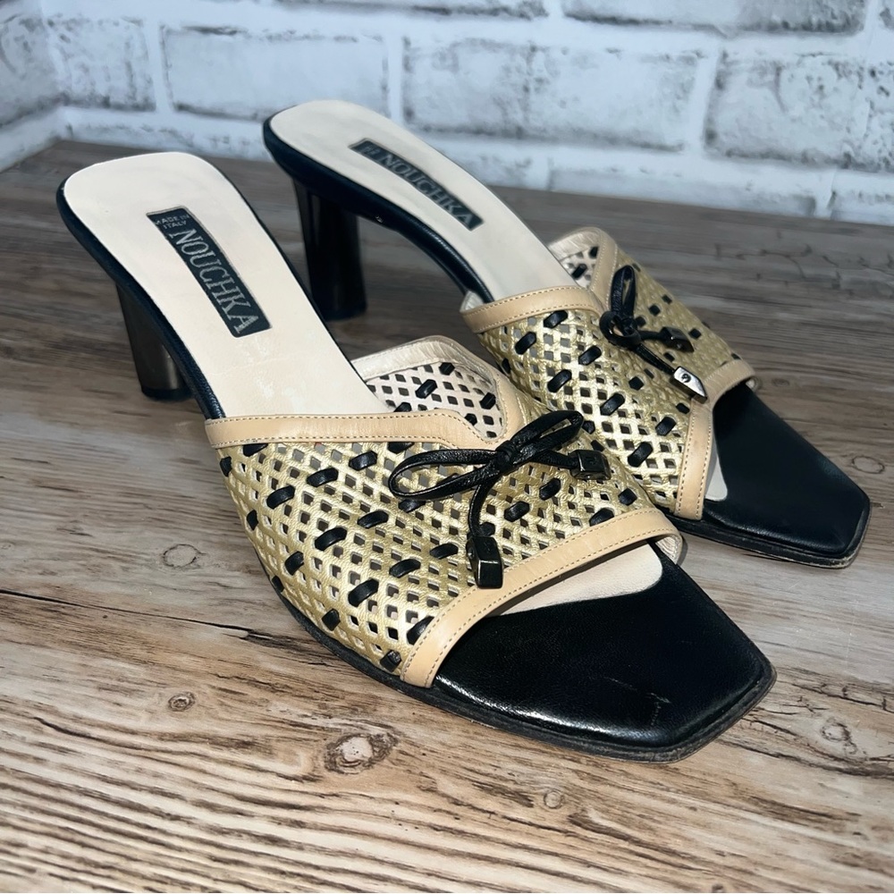 Nouchka Womens Buckle Strap Open Toe Mules Brown Black Leather Size 38.5 8.5 US
